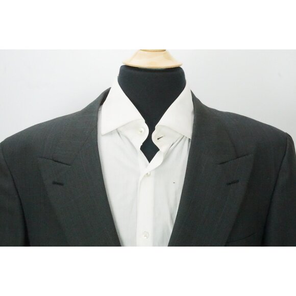 Brioni Double Breasted Dark Gray Blue Windowpane Plaid Wool Sport Coat Jacket 44